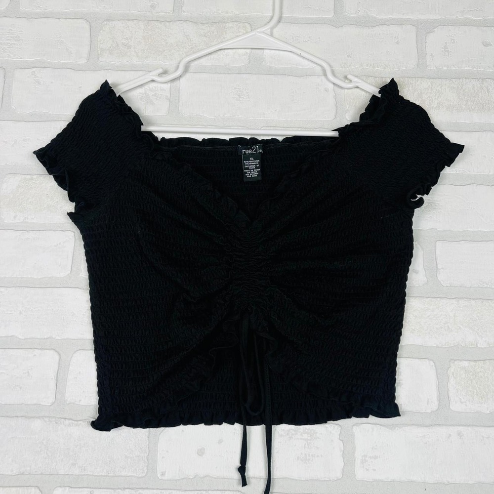 Rue21 Black Smocked Off The Shoulder Cinched Front Crop Top Juniors XL